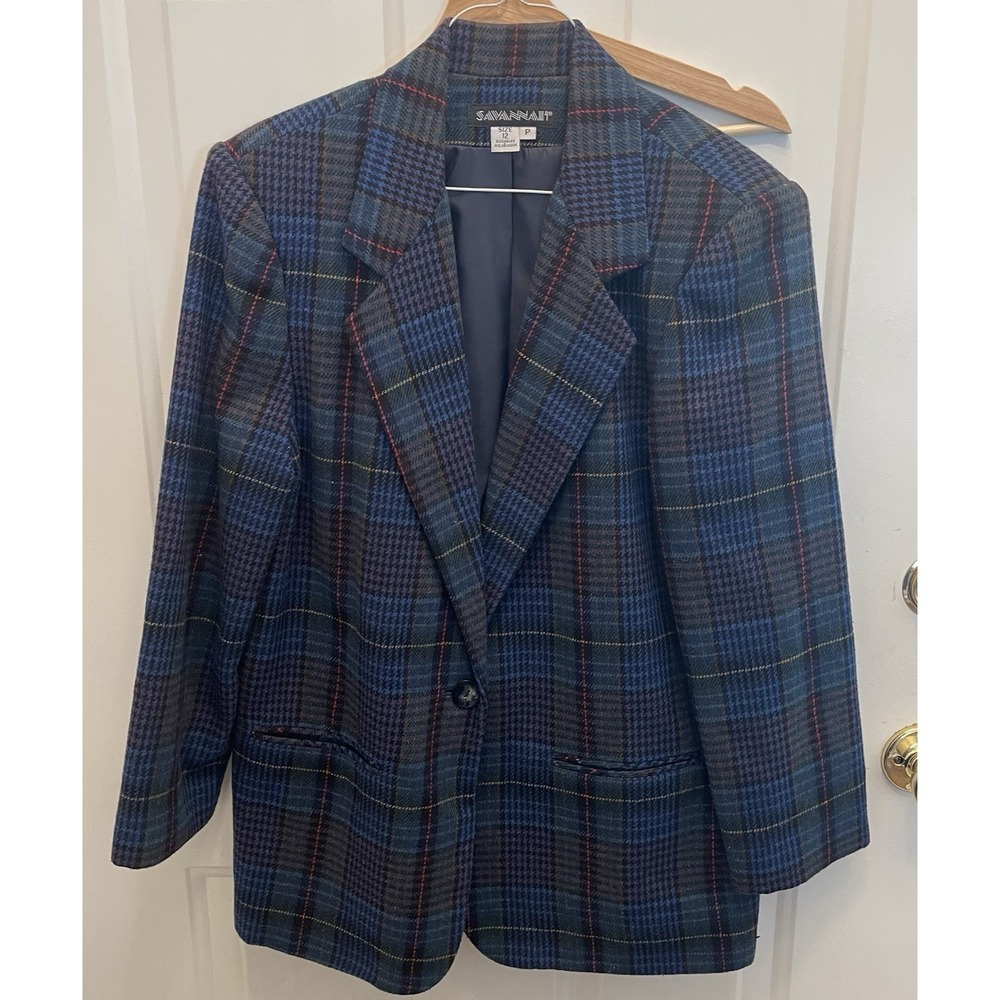 Vintage‎ Savannah Wool Blue Plaid Blazer Jacket Career Womens 12 Petite Academia